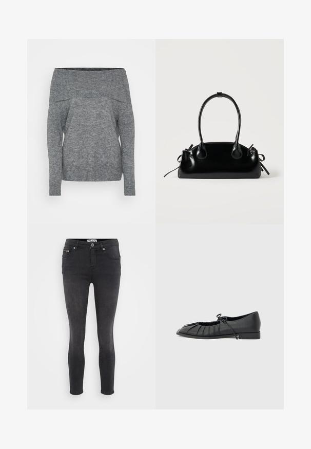 Grijze off-shoulder trui met lange mouwen, geribbelde textuur en een relaxte pasvorm. Gemaakt van een zachte, gebreide stof.; Zwarte skinny jeans van denim. Voorzien van een knoopsluiting aan de voorkant en een ritszak op de taille. Soepele textuur met minimale vervaging.; Zwarte platte schoen met geplooid voorkantontwerp en een gestrikte strik bovenop, lage hak en gladde textuur op een lichtgrijze achtergrond.; Kleine zwarte glanzende handtas met twee lange hengsels en zijkant trekkoord details op een effen lichte achtergrond.