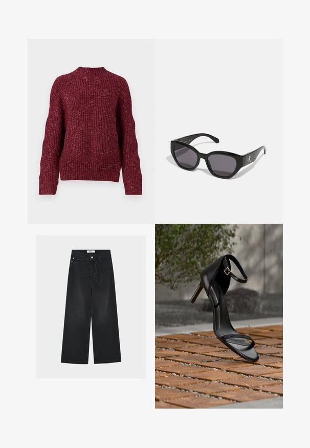 Strikket sweater i dyb bordeaux, med høj hals, lange ærmer og en tekstureret, ribbet overflade. Kraftigt design med en afslappet pasform.; Sorte vidde jeans med høj talje, bæltestropper, forreste knap- og lynlåslukning samt et stofbælte bundet i taljen.; Sort højhælet sandal med ankelsnor, der ser ud til at svæve over et trægulv udendørs med sløret grønt og sten i baggrunden.; Sorte solbriller med et strømlinet, vinklet design, mørke linser og et kontrasterende sølvlogo på siden. Glat plastoverflade.