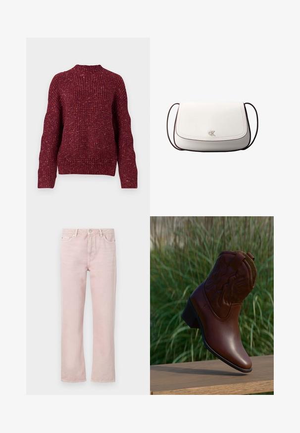 Pull en maille bordeaux profond, avec un col montant, des manches longues et une surface texturée à côtes. Design épais avec une coupe décontractée.; Jean en denim rose clair avec une coupe droite, cinq poches et une fermeture éclair. Détails de couture et accents en métal argenté.; Botte de cowboy en cuir marron avec des coutures décoratives, inclinée vers le haut sur une surface en bois avec un arrière-plan flou d'herbe verte.; Sac bandoulière blanc avec fermeture à rabat, petit logo "cK" argenté centré, et fine sangle réglable marron foncé.