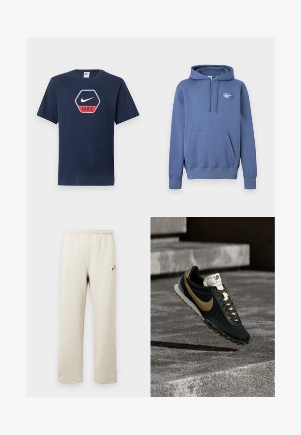 Blå hættetrøje med snore, kængurulomme og et lille hvidt swoosh-logo inde i et ovalt gitter på brystet.; Mørkeblå Nike T-shirt med korte ærmer, rund hals og sekskantet logo med en hvid swoosh og rød "NIKE" tekst foran.; Beige joggingbukser med elastik i taljen, lige ben og lille grøn og sort Nike-logo på den øverste venstre lår.; Sort og guld Nike løbesko med tekstureret overdel og mønstret snøre, der svæver over ru betongulv og trin.