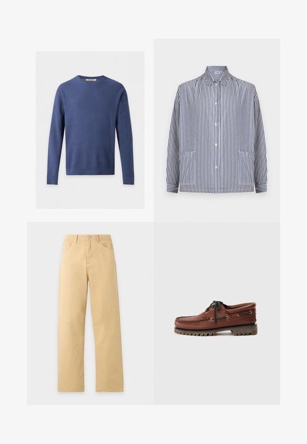 Blå langærmet waffle-strikket sweater med rund hals og ribstrikkede manchetter og kant, lagt fladt på en hvid baggrund.; Langærmet skjorte med knapper, blå og hvide lodrette striber, spids krave og to forlommer.; Beige bukser med lige ben, for- og baglommer, bæltestropper og en lukning med metal knap.; Brune læder bådsko med struktureret overdel, sorte snørebånd og gyldne øjer. Har en holdbar, rillede gummisål.