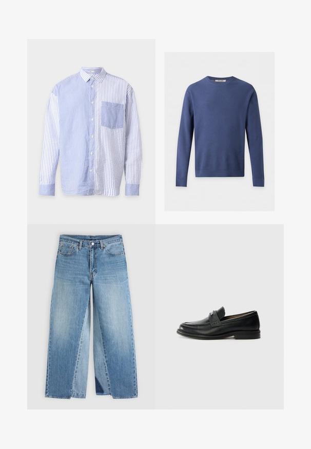 Pull bleu à manches longues en maille gaufrée, col rond, poignets et ourlet côtelés, posé à plat sur un fond blanc.; Chemise bleu et blanc à manches longues boutonnée avec rayures verticales, directions des rayures contrastées de chaque côté et une poche poitrine devant.; Jean droit en denim bleu avec un design classique à cinq poches et une fermeture à boutons à l'avant, présenté à plat sur un fond neutre.; Mocassins en cuir noir avec une finition lisse, dotés d'une bande supérieure texturée, d'un talon bas et de détails de couture minimalistes.