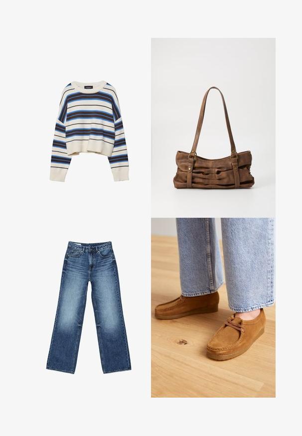 Hæklet sweater i creme med horisontale striber i brun og blå. Har rund halsudskæring, lange ærmer og en kort kant.; Blå vidtsiddende jeans i denim med forlommer og møntlomme foran, knaplukning og falmet vask på lår og knæ.; Brune ruskindsko med en rund tå og tanfarvet gummisål, der har et simpelt snørebåndsdesign, parret med lyseblå denimbukser.; Even&Odd Håndtasker - brown