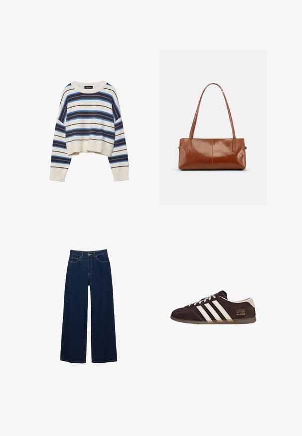 Häkelpullover in Creme mit horizontalen Streifen in Braun und Blau. Verfügt über einen runden Ausschnitt, lange Ärmel und einen kurzen Saum.; Dunkelblaue Jeans mit weitem Bein aus Denim; mit Taschen vorne und Knopfverschluss; auffällige Nähte entlang der Nähte; keine Muster oder Verzierungen.; Braune Wildleder-Sneaker mit drei weißen Streifen, Gummisohle und Textlabel "Gazelle" in Gold. Schnürdesign mit grauen Schnürsenkeln.; Rechteckige braune Lederhandtasche mit zwei langen Schulterriemen, glattem glänzendem Finish und minimalistischem Design vor einfarbigem Hintergrund.