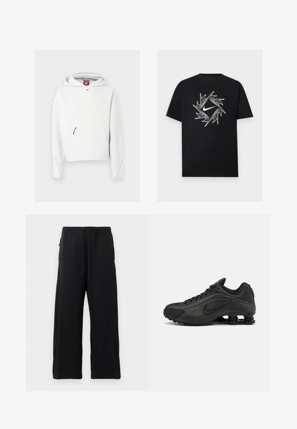 Biela mikina Nike s kapucňou, predným vreckom na zips, čiernym malým logom Nike na hrudi, zobrazená na jednoduchom svetlom pozadí.; Čierne tričko s krátkym rukávom s bielym Nike logom v strede, obklopené dynamickým ostnatým kruhovým vzorom.; Čierne tepláky z jemného materiálu, s nastaviteľným pásom, širokým strihom a bočnými vreckami s hladkým povrchom.; Čierne bežecké topánky s hladkým syntetickým zvrškom, perforovanými akcentmi, textúrovanými bočnými panelmi a výraznou pružnou podrážkou.