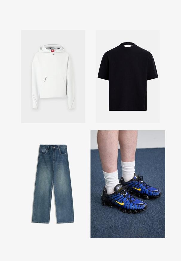 Hvid Nike-hoodie med lynlåslomme foran, lille sort Nike-logo på brystet og hætte, vist på en ensfarvet lys baggrund.; Sort kortærmet strikket trøje med ribstrikket rund hals og tekstureret stof, mærket "Redefined Rebel".; Blå vidde-bukser i denim med fem lommer, knaplukning og subtil falmen foran på lårene, vist fladt på hvid baggrund.; Blå og sorte sportssko har et mesh-design, gule accenter og en segmenteret sål. Bæres med hvide ankelstrømper.