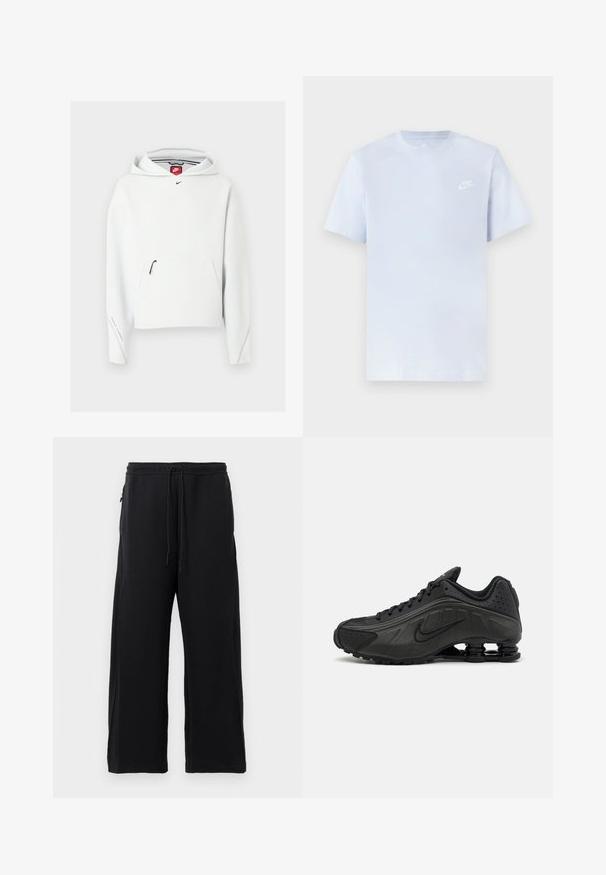 Valge Nike kapuutsiga pusa esitäis taskuga, must väike Nike logo rinnal ja kapuuts, esitatud helel taustal.; Hele sinine puuvillane t-särk lühikeste varrukatega, ümar kaelus ja valge Nike logo trükituna vasakul rinnal. Sile tekstuur, lihtne disain.; Mustad mustad, pehmest kangast, tõmbluku ülesehitusega, laiad jalad ja küljetaskud, mis omavad siledat tekstuuri.; Mustad mustat jooksujalad, millel on sile sünteetiline ülemus, perforatsioonid, tekstureeritud külgpaneelid ja eristuv elastne tall.
