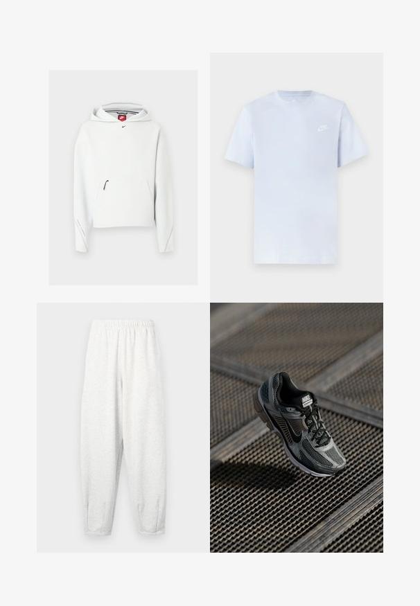 Hvid Nike-hoodie med lynlåslomme foran, lille sort Nike-logo på brystet og hætte, vist på en ensfarvet lys baggrund.; Lyseblå bomulds t-shirt med korte ærmer, rund hals og et hvidt Nike-logo trykt på venstre bryst. Glat tekstur, simpelt design.; Lyse grå sweatsbukser lavet af blødt stof, med elastisk talje, tætsiddende ben og ankelmanchetter. Simpelt design uden mønstre.; Nike Vomero 5 sneakers har et gråt mesh- og syntetisk overlæg, sorte accenter, polstret krave og en dæmpet sål for komfort.