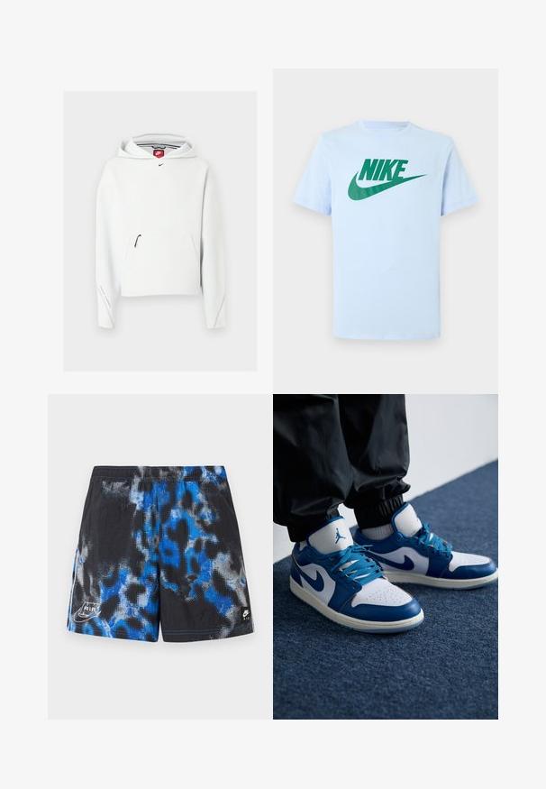 Weißer Nike-Hoodie mit Reißverschlusstasche vorne, kleinem schwarzem Nike-Logo auf der Brust und Kapuze, auf einem einfarbigen hellen Hintergrund dargestellt.; Hellblaues T-Shirt mit kurzen Ärmeln und grünem Nike-Logo sowie Swoosh, zentriert auf der Brust, auf einfarbigem Hintergrund dargestellt.; Schwarze Sportshorts mit blauem und grauem abstraktem Muster, elastischem Bund und Nike Air-Logos an der unteren linken und rechten Seite.; Die Nike Air Jordan Sneakers verfügen über eine weiße Lederbasis mit blauen synthetischen Akzenten, einer perforierten Zehenbox und blauen Schnürsenkeln.