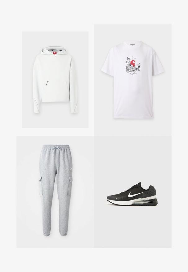 Valge Nike kapuutsiga pusa esitäis taskuga, must väike Nike logo rinnal ja kapuuts, esitatud helel taustal.; Valge t-särk väikese musta visandiga kahest maalimisest tegelevast inimesest, üks istub ja teine seisab, punase plekiga lõuendil kunstistuudio keskkonnas.; Hallid hallid dressipüksid, mis on valmistatud pehmest kangast ja millel on elastne vöökoht koos nööridega, kaks külgset kottide taskut ja kitsenevad sääred.; Must Nike Air Max 270 toss sneaker valge Swoosh-logo, valge vahetald ja nähtava õhukummikuga kand, ühetaolise taustaga.