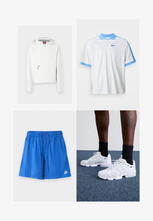 Weißer Nike-Hoodie mit Reißverschlusstasche vorne, kleinem schwarzem Nike-Logo auf der Brust und Kapuze, auf einem einfarbigen hellen Hintergrund dargestellt.; Weißes Nike Sportshirt mit hellblauem Kragen, Ärmelabschlüssen und Schulterstreifen, versehen mit einem kleinen blauen Nike-Swoosh auf der Brust.; Blaue Sportshorts mit elastischem Bund und Kordelzug, mit weißem Nike-Logo am unteren linken Bein.; Weiße Sportschuhe mit Mesh-Obermaterial, strukturierten Akzenten und gepolsterter Sohle. Kombieirt mit schwarzen gerippten Knöchelsocken auf einer blauen Teppichoberfläche.