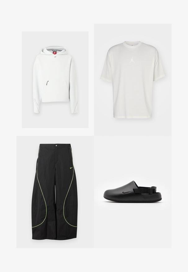Sweat à capuche blanc Nike avec poche zippée à l'avant, petit logo Nike noir sur la poitrine et une capuche, présenté sur un fond clair uni.; T-shirt en coton blanc avec un col rond, des manches courtes et un petit logo brodé au centre. Design ajusté avec des coutures minimales.; Pantalon large noir Nike avec passepoil courbé vert néon et petit logo Nike Swoosh sur la cuisse droite, fermeture par bouton et zip à la taille.; Sabots noirs moulés avec une texture lisse, une sangle à l'arrière pour la stabilité et une semelle à rainures pour l'adhérence. Présente un petit logo sur le côté.