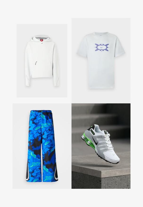 Weißer Nike-Hoodie mit Reißverschlusstasche vorne, kleinem schwarzem Nike-Logo auf der Brust und Kapuze, auf einem einfarbigen hellen Hintergrund dargestellt.; Weißes Baumwoll-T-Shirt mit lockerem Schnitt, in der Mitte mit einem lila Grafikdesign versehen, umgeben von einer wellenförmigen Umrandung. Kurze Ärmel.; Blaue und schwarze, abstrakt gemusterte, weit geschnittene Hose mit elastischem Bund und seitlichen Reißverschlusstaschen auf einem einfarbigen Hintergrund.; Nike Shox Sneaker in Weiß und Grau mit schwarzen Akzenten, ausgestattet mit einem grünen gepolsterten Absatz, einer strukturierten Oberseite und mehreren Schnürösen.