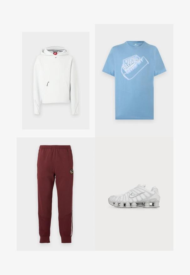 Witte Nike hoodie met voorzak met rits, klein zwart Nike-logo op de borst en een capuchon, getoond op een effen lichte achtergrond.; Lichtblauw Nike T-shirt met korte mouwen en een groot gestileerd wit Nike-logo en swoosh-beeld op de borst.; Bordeauxrode trainingsbroek met een hexagonaal Nike-logo, elastische tailleband, twee zijzakken en witte zijkanten. Geweven stof met een tapered leg ontwerp.; Witte Nike hardloopschoen met zichtbare luchtdempende zool en zilveren swoosh-logo aan de zijkant, gezien vanaf de buitenkant.