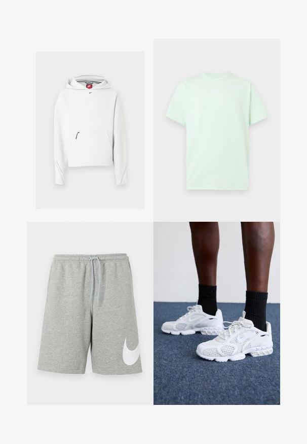 Sudadera blanca de Nike con bolsillo frontal con cremallera, pequeño logo negro de Nike en el pecho y capucha, mostrada sobre un fondo claro y liso.; Camiseta Nike de manga corta color verde claro con cuello redondo y pequeño logo blanco centrado en el pecho sobre un fondo liso.; Pantalones cortos deportivos gris claro con cintura elástica, cordón ajustable y un gran logotipo blanco de Nike Swoosh en la parte inferior de la pierna izquierda.; Zapatillas deportivas blancas con parte superior de malla, acentos texturizados y suela acolchada. Combinadas con calcetines cortos de canalé negros sobre una superficie de moqueta azul.