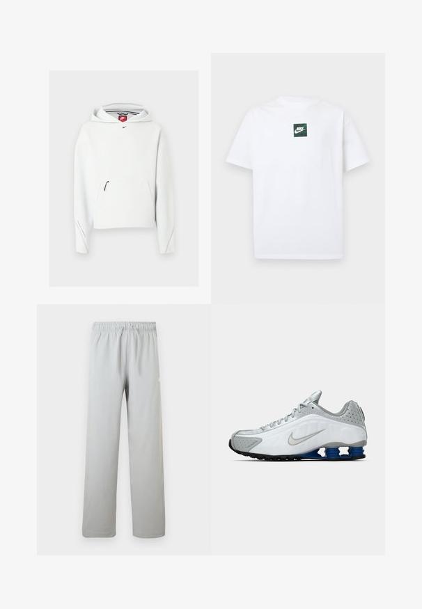 Sudadera blanca de Nike con bolsillo frontal con cremallera, pequeño logo negro de Nike en el pecho y capucha, mostrada sobre un fondo claro y liso.; Camiseta blanca de manga corta de Nike con un pequeño logo cuadrado verde que presenta el símbolo swoosh de Nike y texto centrado en el pecho.; Pantalones casual gris claro con cintura elástica y cordón, pierna recta, aptos para uso diario.; Zapatilla de running Nike en blanco y gris con el swoosh plateado, unidades de suela azul en forma de resorte y banda de rodadura negra sobre un fondo liso.