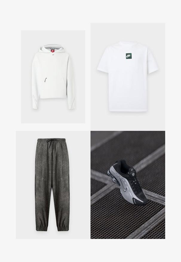 Hvid Nike-hoodie med lynlåslomme foran, lille sort Nike-logo på brystet og hætte, vist på en ensfarvet lys baggrund.; Hvid Nike T-shirt med korte ærmer og et lille grønt firkantet logo med Nike swoosh og tekst centreret på brystet.; Mørkegrå teksturerede joggingbukser med elastisk taljebånd og sort snøre, elastiske manchetter og løs pasform.; Nike atletiksko med et sort og sølv design. Lavet af syntetisk materiale med mesh-detaljer og en støttende sål med synlig luftstødabsorbering.