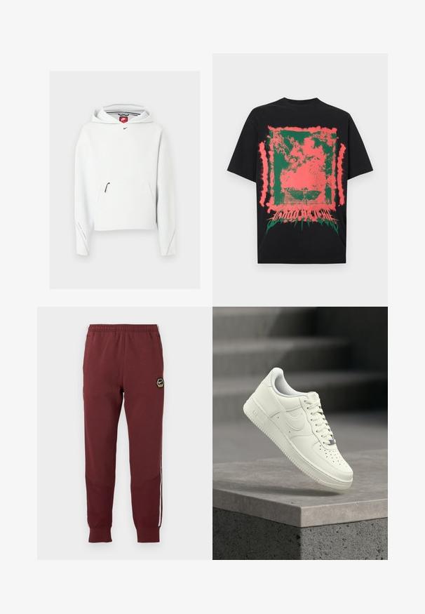 Witte Nike hoodie met voorzak met rits, klein zwart Nike-logo op de borst en een capuchon, getoond op een effen lichte achtergrond.; Zwart T-shirt met abstract groen en roze gespetterd vierkant ontwerp en vervormde tekst onderaan in het midden.; Bordeauxrode trainingsbroek met een hexagonaal Nike-logo, elastische tailleband, twee zijzakken en witte zijkanten. Geweven stof met een tapered leg ontwerp.; Witte leren sneaker met een laag profiel, een gestructureerd oppervlak, perforaties op de neus en zilverkleurige accenten op de veters en het logo.