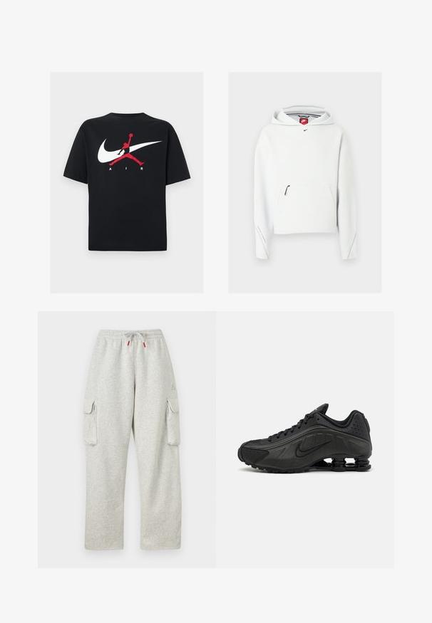 Sweat à capuche blanc Nike avec poche zippée à l'avant, petit logo Nike noir sur la poitrine et une capuche, présenté sur un fond clair uni.; T-shirt en coton noir à col rond, avec un grand logo Nike swoosh blanc et un logo Jumpman rouge accompagné du texte "AIR" en blanc.; Pantalon de survêtement gris clair avec taille élastique, cordon avec embouts rouges et grandes poches à rabat sur les deux cuisses.; Baskets de course noires avec une tige en synthétique lisse, des accents perforés, des panneaux latéraux texturés et une semelle distincte et rebondissante.