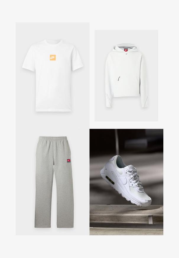 Λευκό φούτερ Nike με φερμουάρ στην μπροστινή τσέπη, μικρό μαύρο λογότυπο Nike στο στήθος και κουκούλα, παρουσιάζεται σε απλό ανοιχτό φόντο.; Λευκό κοντομάνικο βαμβακερό μπλουζάκι με μικρό πορτοκαλί τετράγωνο στο στήθος που περιέχει λευκό λογότυπο της Nike και το swoosh.; Γκρι φόρμα με ελαστική μέση, ευθεία κοπή και ένα μικρό κόκκινο και λευκό λογότυπο Nike στο αριστερό μέρος. Απαλή υφή.; Λευκό αθλητικό παπούτσι Nike Air Max 90 με άνω μέρος από διχτυωτό και δερμάτινο υλικό, τρυπητό μπροστινό μέρος και ορατή μονάδα αέρα στη φτέρνα.