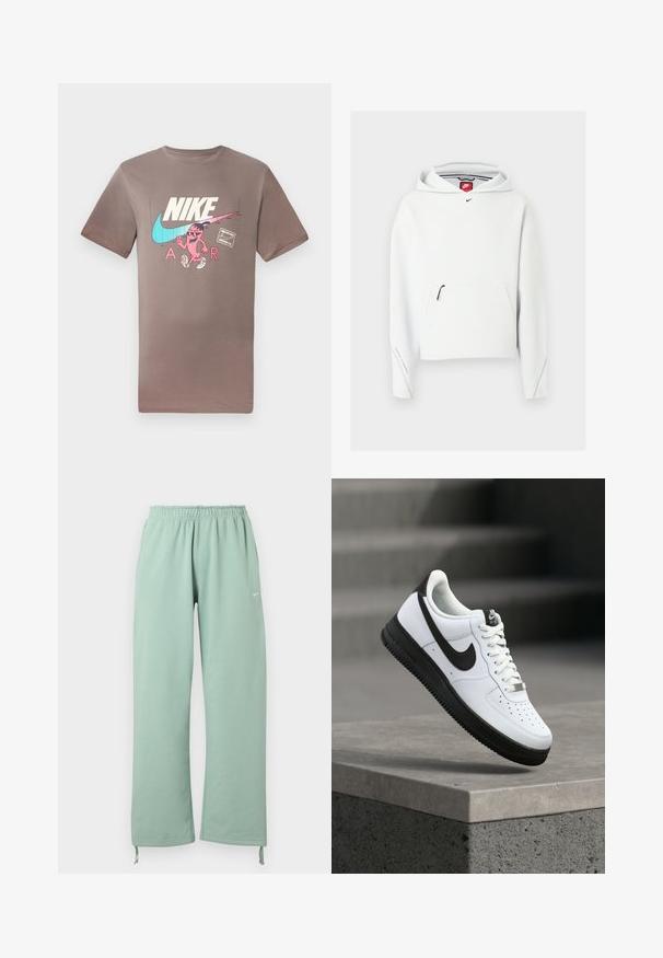 Weißer Nike-Hoodie mit Reißverschlusstasche vorne, kleinem schwarzem Nike-Logo auf der Brust und Kapuze, auf einem einfarbigen hellen Hintergrund dargestellt.; Braunes Baumwoll-T-Shirt mit einem bunten Grafikdesign eines Charakters mit Sonnenbrille, neben den Nike- und Air-Logos in kontrastierenden Farben.; Hellgrüne Sweatpants mit weitem Bein, elastischem Bund, Nike-Logo am linken Oberschenkel und verstellbaren Bändern an den Säumen.; Weißer Ledersneaker mit schwarzen Akzenten, abgerundetem Zehenbereich und perforierten Details. Schwarze Gummisohle mit strukturiertem Muster und Schnürverschluss.