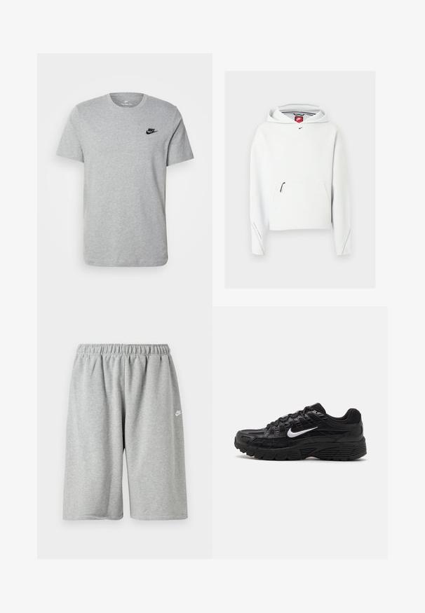 Hvid Nike-hoodie med lynlåslomme foran, lille sort Nike-logo på brystet og hætte, vist på en ensfarvet lys baggrund.; Grå kortærmet T-shirt i bomuld med et sort Nike-logo på brystet og rund halsudskæring. Minimalistisk design uden mønstre.; Grå bomuldsshorts med elastik i taljen, med løs pasform og et lille hvidt logo nær kanten. Glat tekstur, længde over knæet.; Sorte atletiske sko med en tekstureret mesh-overdel og gummisål. Ikonisk hvid swoosh-logo på siden, med snørebåndsdesign.