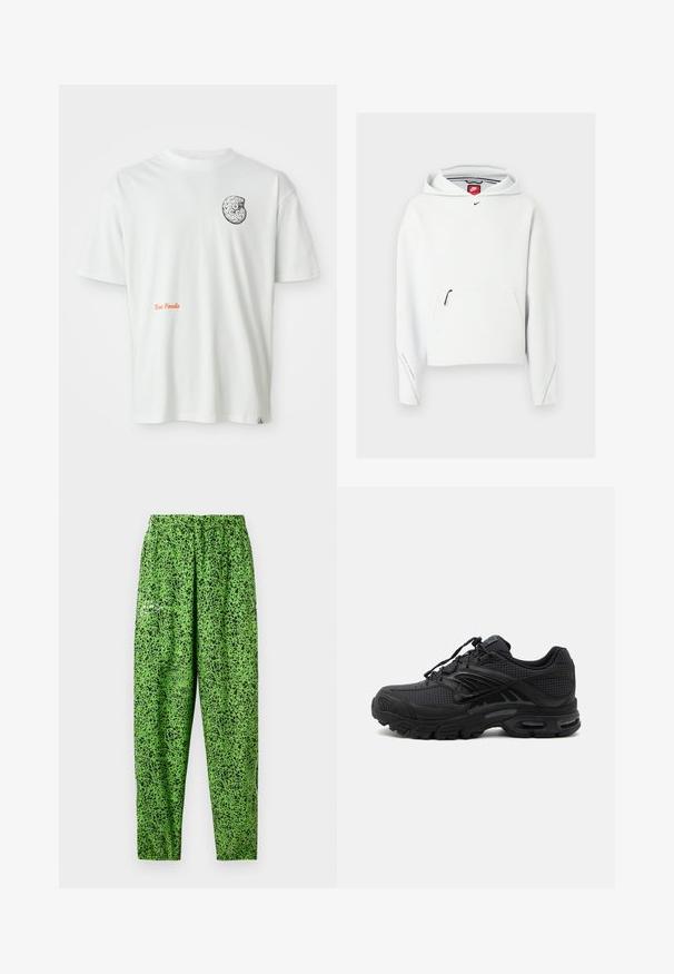 Λευκό φούτερ Nike με φερμουάρ στην μπροστινή τσέπη, μικρό μαύρο λογότυπο Nike στο στήθος και κουκούλα, παρουσιάζεται σε απλό ανοιχτό φόντο.; Λευκό κοντομάνικο μπλουζάκι με σχέδιο μαύρου και άσπρου αφηρημένου απολιθώματος στο αριστερό στήθος και πορτοκαλί κείμενο "Texas Fossils" μπροστά.; Πράσινο παντελόνι φτιαγμένο από ελαφρύ ύφασμα, με μαύρο πουά σχέδιο, ελαστική μέση και άνετη εφαρμογή.; Μαύρο αθλητικό παπούτσι με υφασμάτινη υφή, παχιά μαξιλαρωτή σόλα, αεραγωγούς και κλείσιμο με κορδονάκια, εμφανίζεται από το πλάι σε ανοιχτό φόντο.