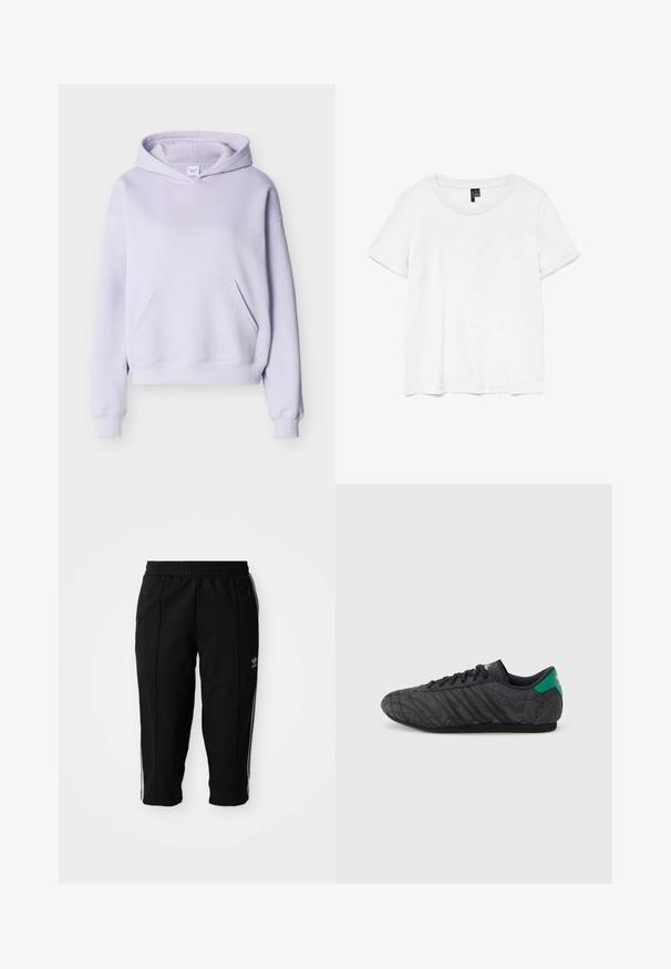 Sudadera con capucha y bolsillo canguro en color púrpura claro, con puños y dobladillo acanalados, mostrada sobre un fondo liso y claro.; Camiseta blanca de manga corta con un cuello redondo, hecha de tejido ligero. Diseño simple, textura suave y dobladillo recto.; Pantalones deportivos negros con cintura elástica, bolsillos laterales con cremallera y rayas blancas a lo largo de las costuras. Fabricados en un material liso y duradero.; Zapatilla negra de perfil bajo con un sutil patrón floral, cordones negros, lengüeta trasera verde y logo dorado en la lengüeta y el talón.
