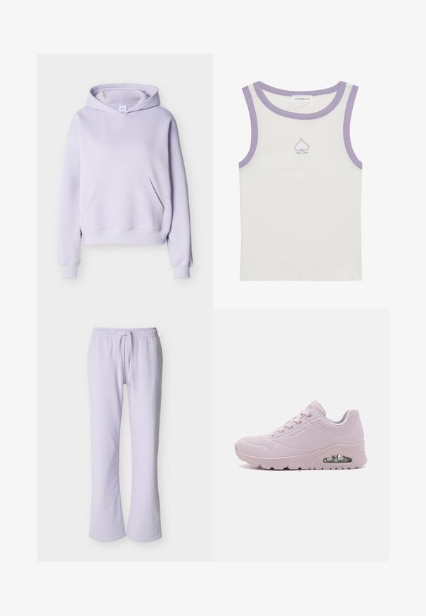 Lyse lilla pullover-hoodie med kængurulomme, ribstrikkede manchetter og kant, vist på ensfarvet lys baggrund.; Hvid ærmeløs tanktop med ribbet tekstur. Har lavendelkrave og udskæringskant, samt et broderet spade-design foran.; Lys lilla joggebukser med snor og elastisk talje samt lige ben på hvid baggrund.; Lyserød sneaker med en glat syntetisk overdel, perforerede detaljer, rund tå, snørebåndsdesign og en synlig luftdæmpningsenhed i sålen.