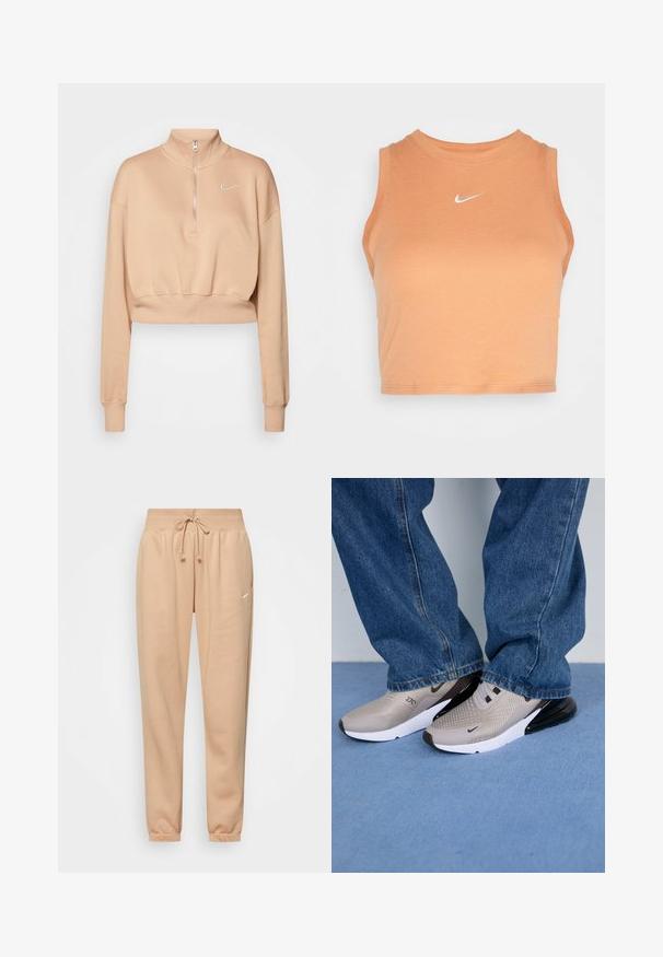 Nike Sportswear Mikina - hemp/sail; Nike Sportswear TANK - Top - amber brown/sail; Béžové tepláky vyrobené z mäkkej zmesi bavlny, s elastickým pásom na šnúrku a manžetami na členkoch. Malý detail loga.; Sivé tenisky s priedušným vrchom, čiernymi akcentmi a bielou podrážkou. Nosené s voľnými modrými džínsami, čiastočne zakrývajúcimi okraje topánok.