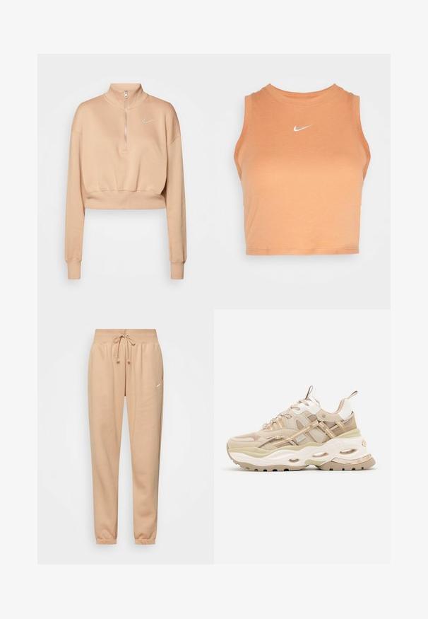 Nike Sportswear Sweatshirt - hemp/sail; Nike Sportswear TANK - Top - amber brown/sail; Beige sweatpants lavet af blød bomuldsblanding, med elastisk talje og snoretræk samt manchetter ved anklerne. Lille logo detalje.; Beige og hvide chunky sneakers med tyk sål, mesh- og læderpaneler, ovale udskæringer i mellemsålen, trækstropper på tunge og hæl.