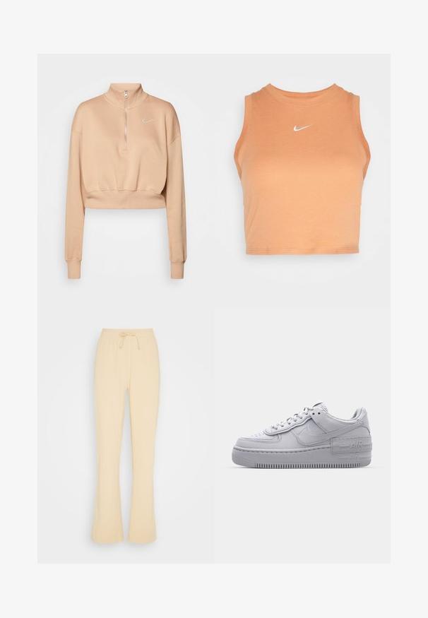 Nike Sportswear Sweatshirt - hemp/sail; Nike Sportswear TANK - Débardeur - amber brown/sail; Envii ONYX PANTS - Pantalon de survêtement - irish cream; Basket en cuir lisse gris Nike Air Force 1 avec un bout perforé, une semelle épaisse et un détail 'AIR' en relief sur le talon.