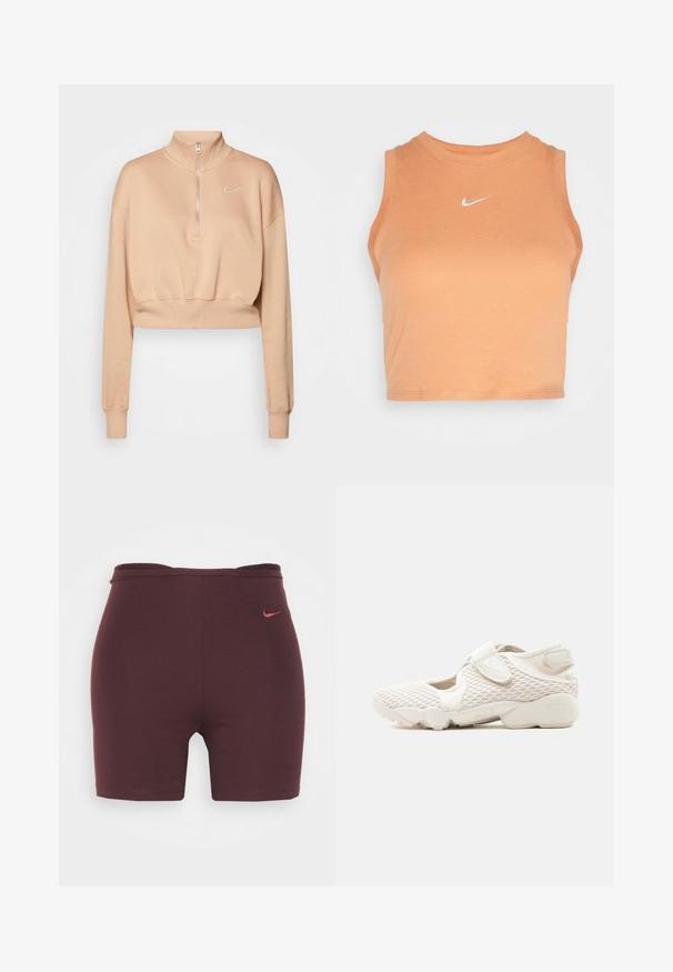 Nike Sportswear Φούτερ - hemp/sail; Nike Sportswear TANK - Μπλούζα - amber brown/sail; Μπορντό αθλητικά σορτς με ψηλή μέση, φτιαγμένα από ελαστικό ύφασμα, με μικρό λογότυπο Nike σε αντίθεση χρώματος στην αριστερή πλευρά.; Ανοιχτό μπεζ αθλητικό παπούτσι Nike με άνω μέρος από δίχτυ, λουράκια με βέλκρο, μαλακή σόλα και κομμένες πλευρές, σχεδιασμένο για άνεση και αναπνοή.