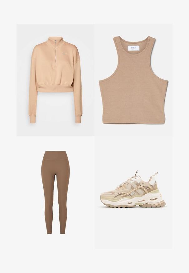 Nike Sportswear Φούτερ - hemp/sail; 7 DAYS Active CROPPED - Μπλούζα - mountain trail; Καφέ, ραβδωτές κολάν με ψηλή μέση. Το ύφασμα φαίνεται ελαστικό και λείο, με ελάχιστες ραφές και χωρίς ορατά σχέδια.; Μπεζ και λευκό chunky sneaker με χοντρή σόλα, πάνελ από δίχτυ και δέρμα, οβάλ ανοίγματα στη μεσαία σόλα, λουράκια τράβηγματος στη γλώσσα και τη φτέρνα.