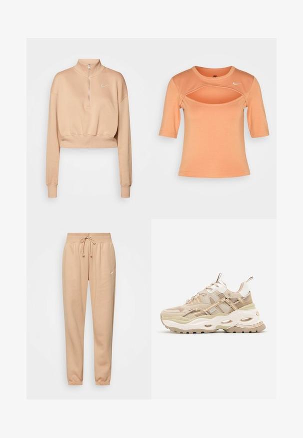 Nike Sportswear Sweatshirt - hemp/sail; Nike Sportswear CUTOUT - T-shirts print - amber brown/sail; Beige sweatpants lavet af blød bomuldsblanding, med elastisk talje og snoretræk samt manchetter ved anklerne. Lille logo detalje.; Beige og hvide chunky sneakers med tyk sål, mesh- og læderpaneler, ovale udskæringer i mellemsålen, trækstropper på tunge og hæl.