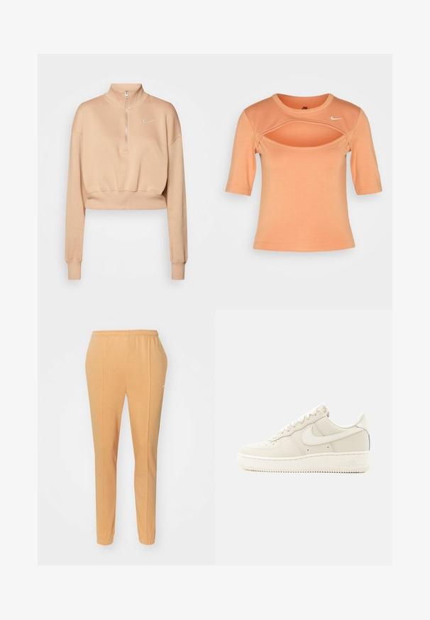 Nike Sportswear Mikina - hemp/sail; Nike Sportswear CUTOUT - Tričko s potlačou - amber brown/sail; Oranžové teplákové nohavice vyrobené z mäkkej bavlny, s elastickým pásom, zúženými nohavicami a decentným bielym logom na ľavom stehne.; Nízkoprofilová béžová teniska Nike Air Force 1 s šnurovaním a gumovou podrážkou, zobrazená z vonkajšej strany na bielom pozadí.