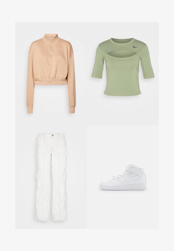 Nike Sportswear Mikina - hemp/sail; Nike Sportswear CUTOUT - Tričko s potlačou - oil green/black; BDG Urban Outfitters Džínsy voľného strihu - white; Biele vysoké tenisky vyrobené z kože s polstrovaným golierom, perforovanou špičkou, šnúrkami a nastaviteľným popruhom na členku; logo na boku.