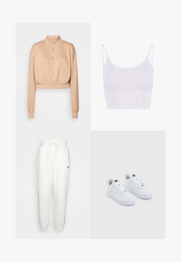 Nike Sportswear Φούτερ - hemp/sail; Λευκό κοντό τοπ με λεπτές τιράντες και στρογγυλή λαιμόκοψη σε απλό φόντο.; Λευκά παντελόνια φόρμας φτιαγμένα από μαλακό ύφασμα, με ελαστική μέση και κορδόνι, πλαϊνές τσέπες και μαύρο λογότυπο Nike στο αριστερό μηρό.; Λευκά sneakers Nike Air Force 1 με λείο δερμάτινο πάνω μέρος, περφορίσμενο μπροστινό τμήμα, λευκές κορδόνες και μαύρη σήμανση στη γλώσσα.