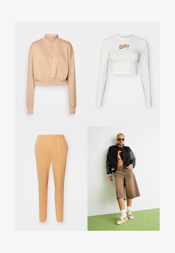 Nike Sportswear Sweatshirt - hemp/sail; Hvid langærmet crop top lavet af glat stof, med et guld Nike-logo tryk på brystet og en klassisk rund halsudskæring.; Orange joggebukser lavet af blødt bomuld, med elastisk talje, tætsiddende ben og et diskret hvidt logo på venstre lår.; Person med kort blondt hår iført solbriller, sort varsity-jakke, grafisk crop top, brune vide shorts og hvide Nike sneakers, stående på grønt gulv.