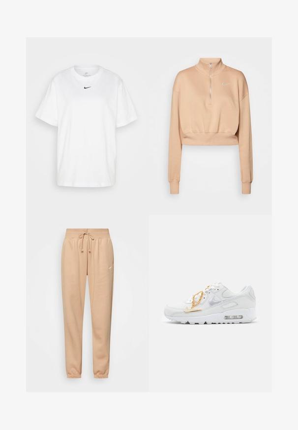 Nike Sportswear Mikina - hemp/sail; Biela bavlnená tričko s okrúhlym výstrihom, krátkymi rukávmi a čiernym logom Nike potlačeným na hrudníku. Jednoduchý a klasický dizajn.; Béžové tepláky vyrobené z mäkkej zmesi bavlny, s elastickým pásom na šnúrku a manžetami na členkoch. Malý detail loga.; Nike Sportswear AIR MAX 90 - Tenisky - summit white/dark beetroot/white/metalic gold