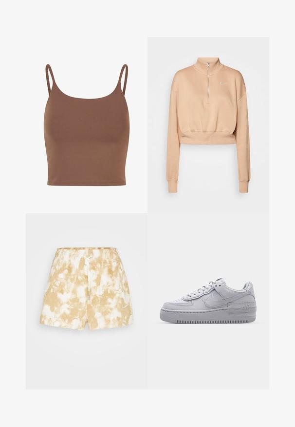 Nike Sportswear Sweater - hemp/sail; Bruine crop top van gladde stof met dunne, verstelbare schouderbanden. Heeft een ronde halslijn en een aansluitende silhoutte.; Nike Sportswear Trainingsbroek - coconut milk/sail; Grijze Nike Air Force 1 sneaker met geperforeerde neus, glad leren bovenwerk, dikke zool en verhoogde 'AIR' details op de hiel.