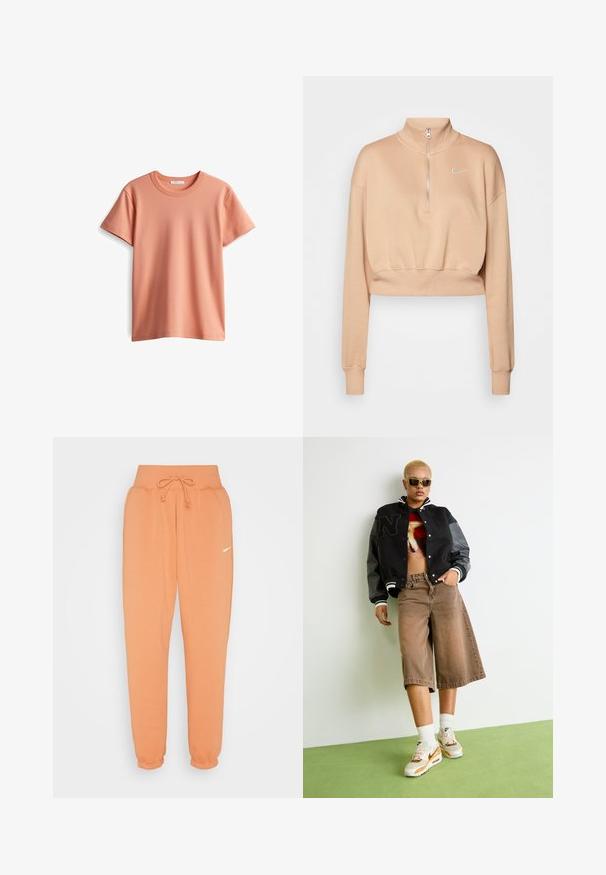 Nike Sportswear Sweater - hemp/sail; Korte mouwen T-shirt in licht perzikkleur, gemaakt van zachte katoen, met een klassieke ronde hals en een gladde, effen textuur.; Nike Sportswear W PHNX FLC HR OS - Trainingsbroek - amber brown/sail; Persoon met kort blond haar, die een zonnebril, een zwarte varsityjack, een grafisch crop-top, een bruin wijde korte broek en witte Nike-sneakers draagt, staat op een groene vloer.