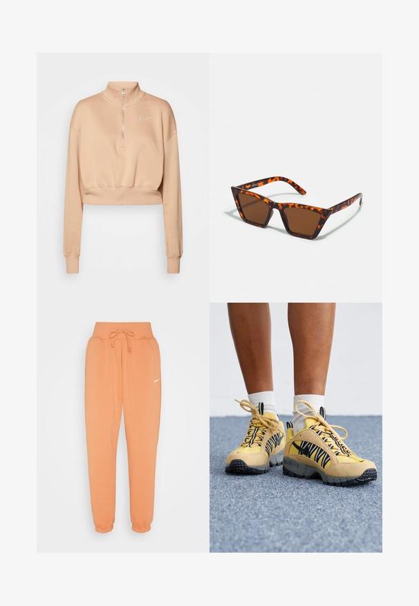 Nike Sportswear Sweatshirt - hemp/sail; Nike Sportswear W PHNX FLC HR OS - Træningsbukser - amber brown/sail; Gule ruskinds- og mesh-sneakers med sorte og hvide stribede detaljer, strukturerede såler og snørebåndsdesign. Hvide sokker synlige over anklen.; Brune tonede solbriller med et skildpadde-mønster, vinklede stel og slanke arme. Letvægts plastmateriale.