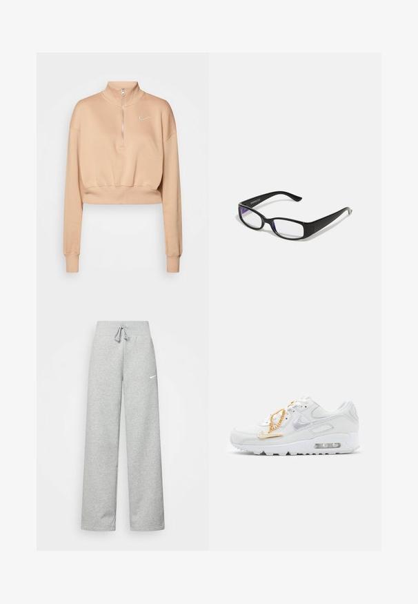 Nike Sportswear Φούτερ - hemp/sail; Γκρίζα φόρμα με ελαστική μέση, λεπτομέρεια με κορδόνι και μικρό λευκό λογότυπο Nike στο αριστερό μηρό. Μαλακό ύφασμα, χαλαρή εφαρμογή.; Nike Sportswear AIR MAX 90 - Αθλητικά παπούτσια - summit white/dark beetroot/white/metalic gold; Μαύρα ορθογώνια γυαλιά με διάφανους φακούς. Γυαλιστερή επιφάνεια, στενοί βραχίονες και μοβ απόχρωση ορατή στις άκρες των φακών.