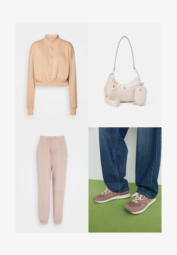 Nike Sportswear Sweatshirt - hemp/sail; Nike Sportswear W PHNX FLC HR OS - Pantalon de survêtement - diffused taupe/sail; Baskets marron et mauve avec des lacets blancs et une semelle beige. Portées avec un jean en denim bleu, sur un fond vert.; Sac à main en cuir beige avec une forme courbée, une bandoulière en chaîne, quincaillerie en argent et une petite pochette amovible. Bandoulière texturée avec un motif de logo.