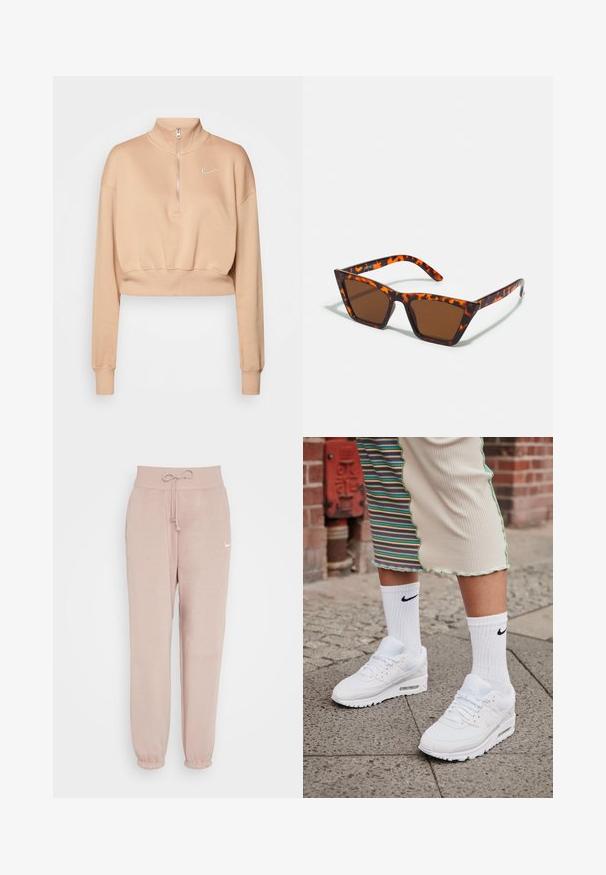 Nike Sportswear Sweatshirt - hemp/sail; Nike Sportswear W PHNX FLC HR OS - Pantalon de survêtement - diffused taupe/sail; Baskets Nike Air Max 90 blanches avec une tige en maille et cuir, dotées d'une unité d'air visible, accompagnées de chaussettes blanches côtelées avec un logo noir.; Lunettes de soleil teintées de brun avec un motif écaille de tortue, monture angulaire et branches fines. Matériau en plastique léger.