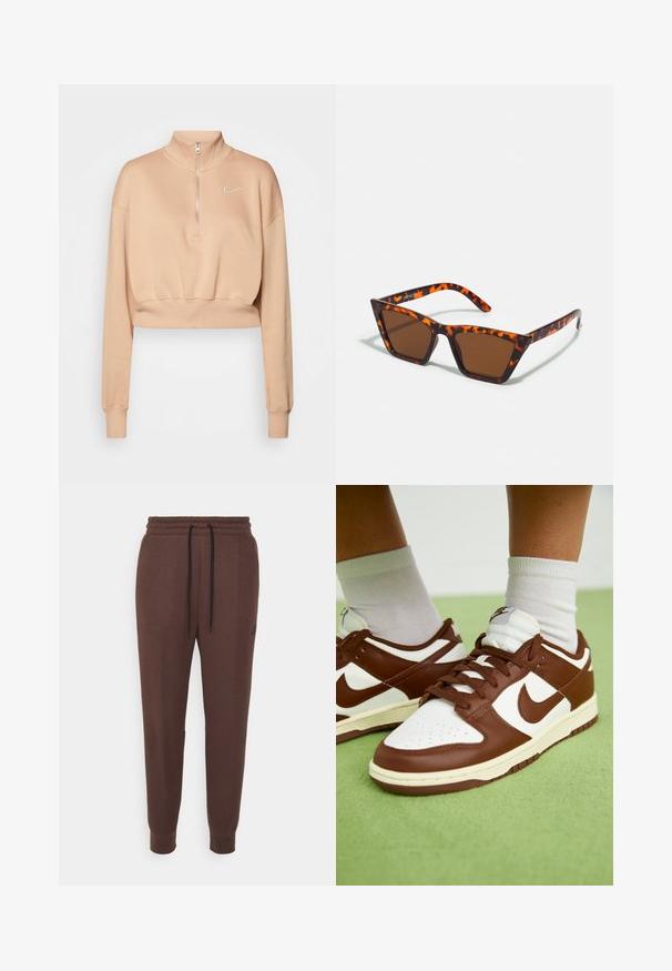 Nike Sportswear Sweatshirt - hemp/sail; Nike Sportswear Træningsbukser - baroque brown; Brune og hvide lædersneakers med perforeret tå, strukturerede detaljer og flade snørebånd. Modellen har et lavt design og gummisål.; Brune tonede solbriller med et skildpadde-mønster, vinklede stel og slanke arme. Letvægts plastmateriale.
