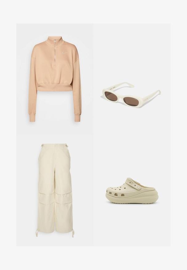 Nike Sportswear Collegepaita - hemp/sail; WRSTBHVR ZERA PANTS EGGSHELL WOMEN - Housut - off white; Beige slip-on kloksi, jossa on rei'itetty päällinen, säädettävä remmi ja paksu pehmustettu pohja, suunniteltu rentoon mukavuuteen.; Aurinkolasit vaalean kermanvärisellä kehykset, soikeat linssit, ruskeat sävyt, joissa kiiltävä pinta ja hienovarainen "Vogue"-brändäys sivussa.