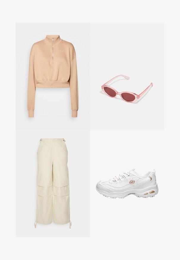 Nike Sportswear Mikina - hemp/sail; WRSTBHVR ZERA PANTS EGGSHELL WOMEN - Nohavice - off white; Biele športové tenisky vyrobené z hladkého syntetického materiálu. Obsahujú textúrované akcenty, kovový zlatý detail, šnurovací dizajn a polstrovanú podrážku.; Ružové priehľadné slnečné okuliare s oválnymi šošovkami, tmavočerveným tónovaním a štíhlymi ramenami, so hladkým povrchom a jemnými detailmi na ráme.
