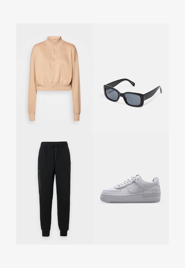Nike Sportswear Sweatshirt - hemp/sail; Schwarze Sweatpants mit einem Kordelzugbund, seitlichem Reißverschlusstaschen und schmal zulaufenden Säumen. Hergestellt aus weichem, strukturiertem Stoff.; Graue Nike Air Force 1 Sneaker mit perforierter Zehenpartie, Obermaterial aus glattem Leder, dicker Sohle und geprägtem 'AIR'-Detail an der Ferse.; Schwarze rechteckige Sonnenbrille mit dunkel getönten Gläsern, dickem Kunstrahmen und breiten Bügeln. Glatte Oberfläche und kantiges Design.